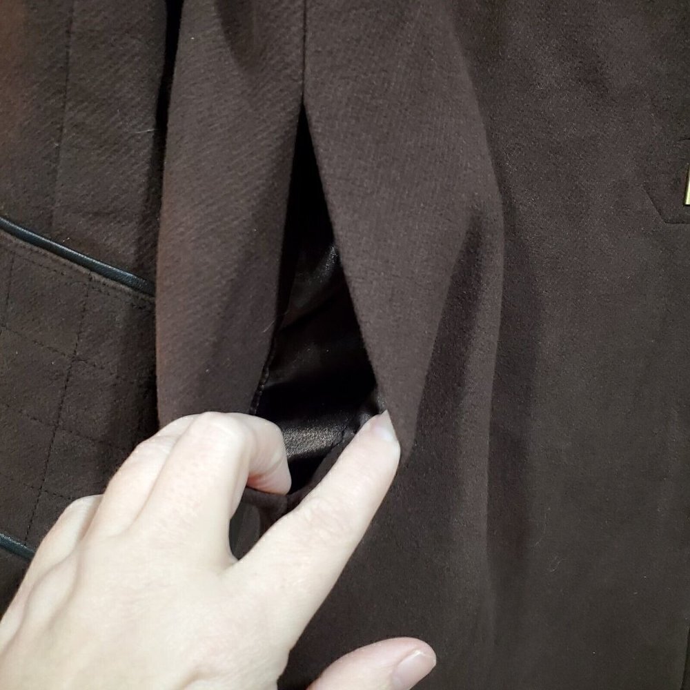 Etcetera Women's Brown Cotton Black Leather Trim Jacket Turnlock Closure Size 14 - Picture 11 of 14